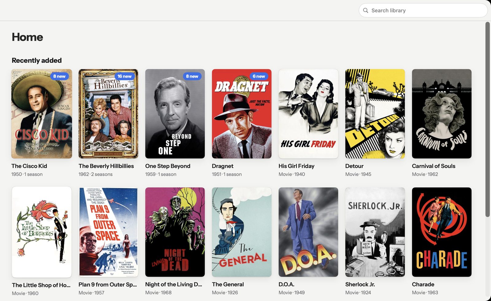 Potato's Home on a Mac: a grid of show and film posters, with “8 new” and “16 new” badges on shows.