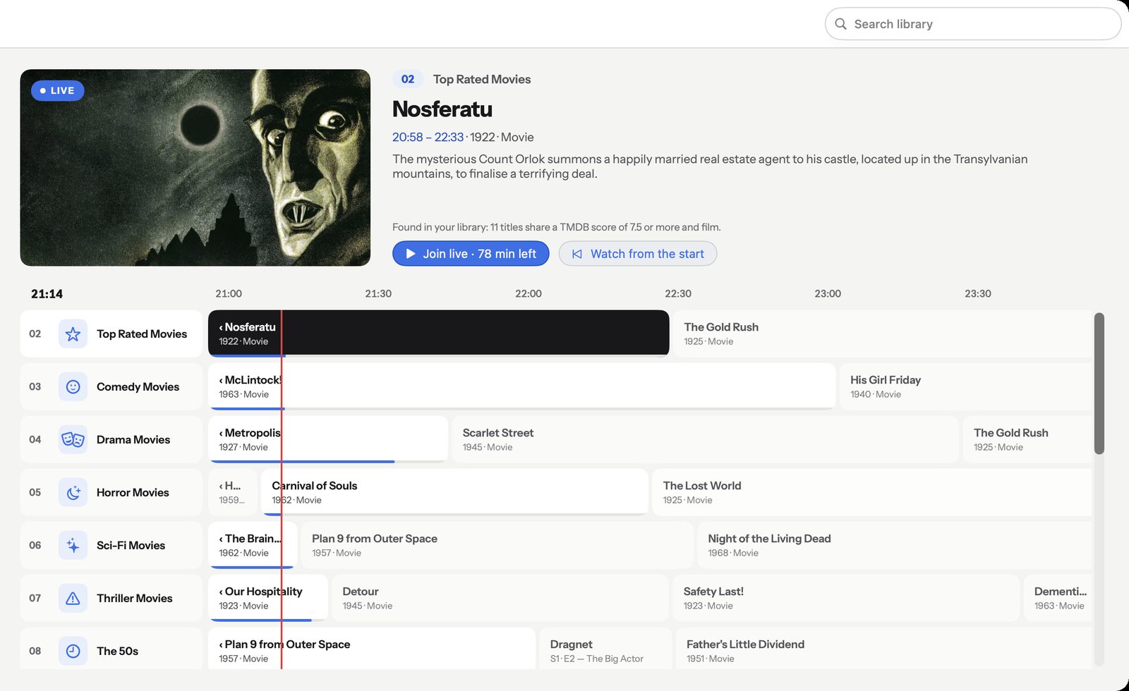 Potato's Live guide on Mac: a preview of the film playing now, and a grid of channels with programmes laid out against the time.